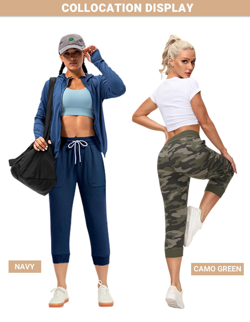 SPECIALMAGIC Women's Capri Sweatpants Cropped Jogger Terry Running Pants Lounge Drawstring with Side Pockets Navy XL - Image 4